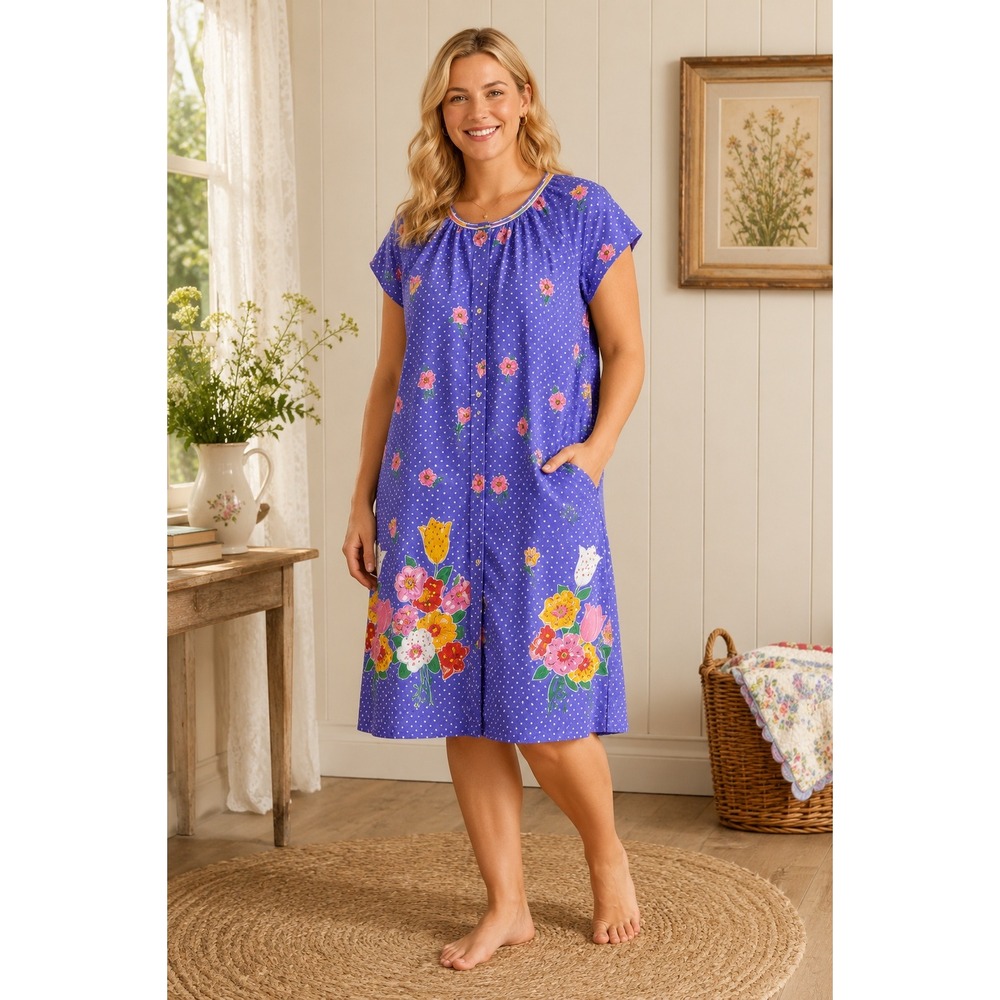 Vintage Smart Time House‎ Dress Women Medium Purple Floral Heart Polka Dot ILGWU